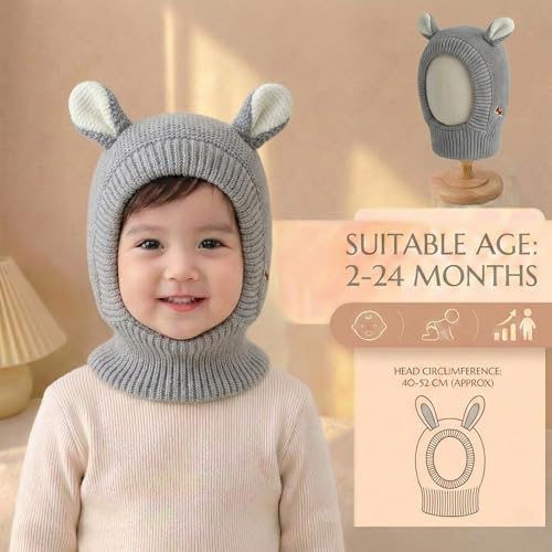 Image of Kraptick Winter Warm Ear Protection Knitted Woolen Unisex Baby Cap with Cute Animal Ears, Soft Fleece Lined Knit Hat with Ear Flaps, Stretchable Monkey Cap for Cold Weather -1