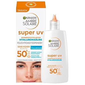 Garnier Ambre Solaire LSF 50+ Super UV Fluid, mit Hyaluronsäure für tägliche Pflege, ultraleicht & mattierend für das Gesicht, unsichtbar, Schutz vor Sonnenbrand & Pigmentflecken, 40ml
