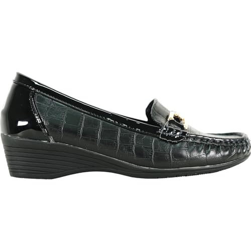 Image of KOZI Women Comfort Casual Wedge Shoe Slip-On Loafer ML Collection Round Toe Penny Loafer Removable Insole Black Champagne