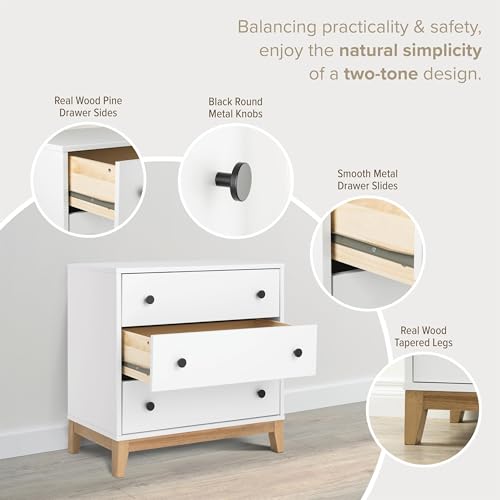 Image of Prepac Nordik Nightstand Bedside Table, White & Oak Nightstand for Bedroom, End Table with 3 Drawers 16 inch D x 26.5 inch W x 26.75 inch H, WODNR-2203-1