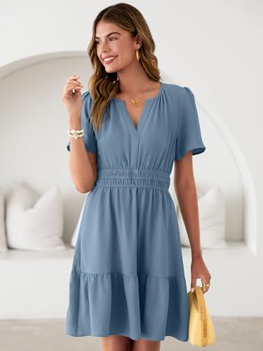 Image of Simplee Womens Casual Summer Dresses 2026 V Neck Short Sleeve Empire Waist Flowy A Line Ruffle Tiered Mini Sundress
