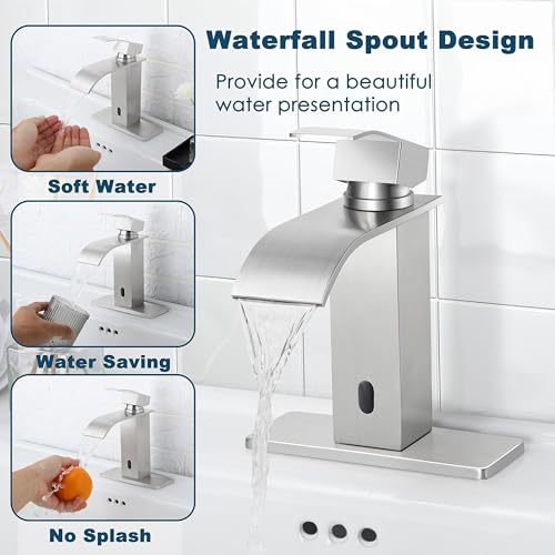 Image of Herogo Touchless Bathroom Sink Faucet, Automatic Sensor Brushed Nickel Waterfall Stainless Steel Bathroom Faucet with Brass Pop Up Drain for Vanity RV Lavatory Farmhouse