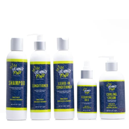 YOUNG KING HAIR CARE Kids Shampoo, Conditioner, Leave-In, Essential Oils & Curling Cream Set | 5-Step Complete Wash and Styling System | Cleanse, Moisturize and Define Natural Curls | Plant-Based