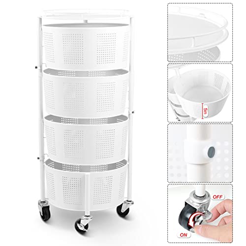 Glocalcul Fruit Vegetable Round Baskets Rack, Rolling Rotating Storage Shelf, Easy Install Metal Baskets With Wheels, Standing Storage Cart Organizer For Kitchen, Bathroom, Living Room(White, 4 Tier) #TOP4