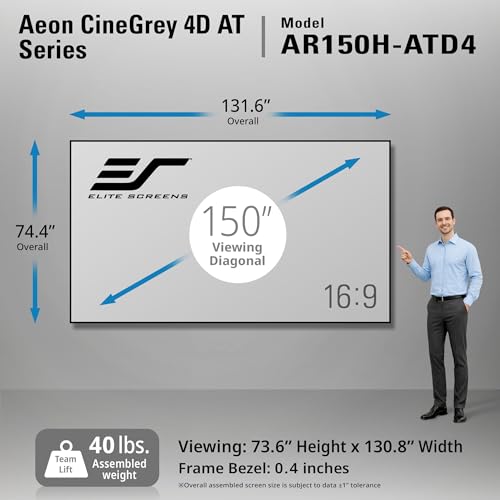 Image of Elite Screens Aeon CineGrey 4D Acoustically Transparent, 150 inch Diag. 16:9, 4K /8K Ceiling Ambient Light Rejecting (CLR /ALR) Fixed Frame Edge Free Sound Transparent Projector Screen, AR150H-ATD4