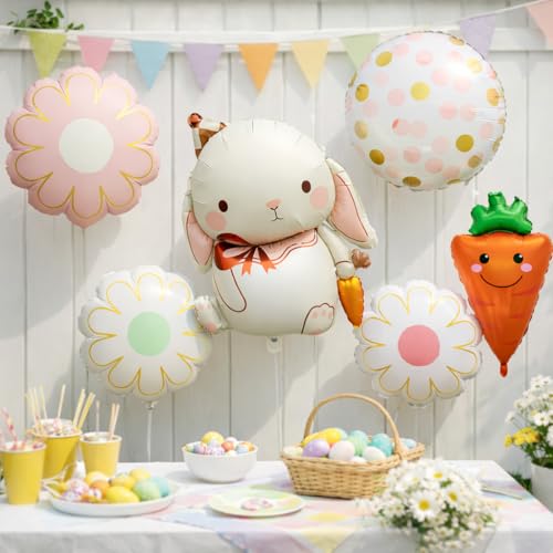 Beaumode Easter Foil Balloons Set 6pcs Rabbit Carrot Daisy Polka Dots for Easter Egg Hunt Some Bunny Is One Birthday Spring Baby Shower Party Decorations (White)