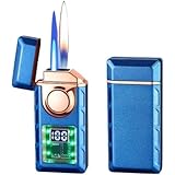 スマート メタル 音声起動ライター、防風ダブルフレームライター、透明エアウィンドウ、詰め替え可能なブタンガスライター、男性へのギフト (青)