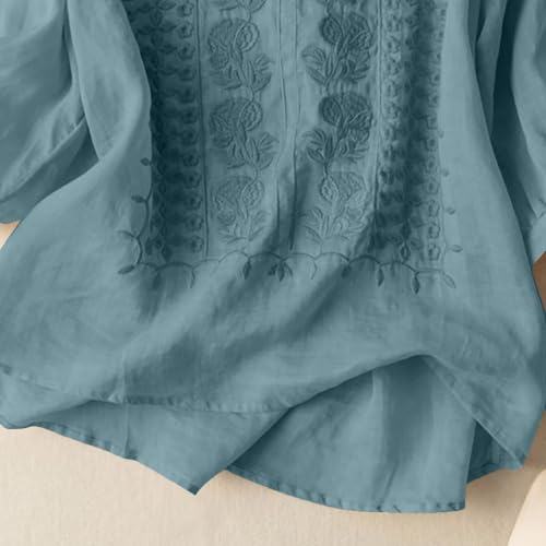 Linen Tops for Women Embroidered Cotton Gauze Shirts Loose Peasant Blouses Dusty Blue L - image 3
