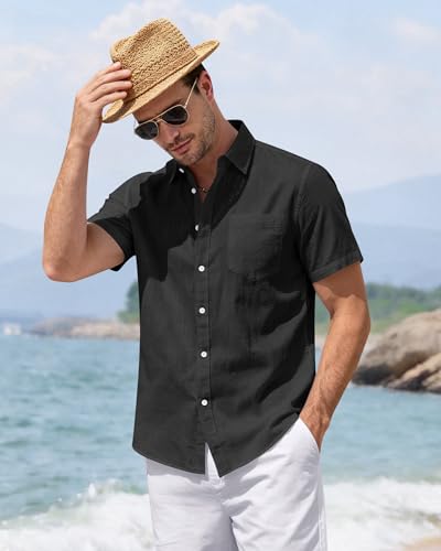 Image of J.VER Mens Linen Shirt Short Sleeve Button Down Casual Summer Shirts | Cotton Linen, Untucked, Big Tall, from Beach Camp Vacation, Cruise Fishing, Work Office, to Wedding Party Family, with Pocket