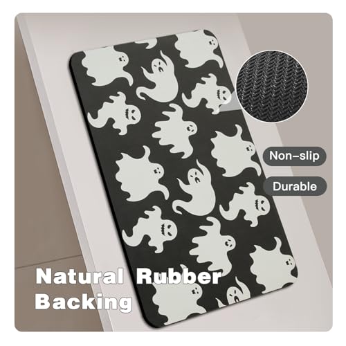 Halloween Bath Mat, Thin Halloween Bathroom Rug Non Slip Quick Dry Ghost Bath Mat Fits Under Door Thin Floor Mat Halloween Decor, 17''x30'', Spooky Ghosts Black