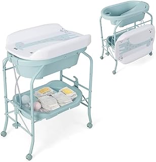 COSTWAY 4 in 1 Baby Changing Table, Folding Infant Nursery Station with Bath Tub, 4 Universal Wheels, PVC Pad and Storage Tray, Portable Newborn Massage Tables Diaper Organizer (Blue)