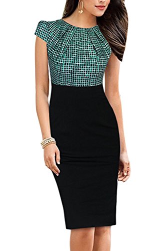 HOMEYEE Damen Vintage Rundhalsausschnitt Blumendruck Bodycon Business Bleistift Kleid B316（EU 40 = Size L,Grünes Gitter）