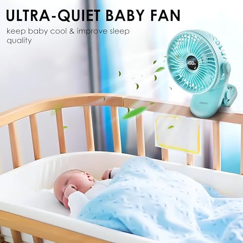 Gesto High Speed Rechargeable Clip-On Table Fan with Digital Display – 360° Moving USB Charging Fan for Home,Kitchen,Baby Stroller | 2000mAh Battery,5 Speed Modes,Portable Battery Operated Fan -Green - Image 6