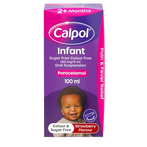Calpol Infant Oral Suspension (1 x 100ml) Sugar-Free Strawberry Flavour Paracetamol for Kids Relieves Pain and Fever Baby Medicine Syringe Soothed Symptoms After 1 Dose Gentle on Tummies