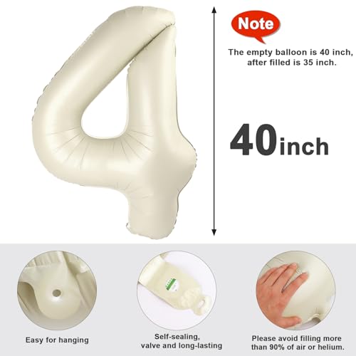 Image of Number 4 Balloons Birthday Decorations, 40In Cream Balloons for Men Women | Eye-catching Appearance, Perfect Decorative Centerpieces, Convenient Self-sealing Structure, Widely for Various Occasions