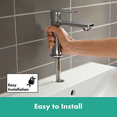 hansgrohe Rebris E - Waschtischarmatur mit Zugstangen-Ablauf, Wasserhahn Bad mit Auslauf Höhe 109 mm, Mischbatterie Waschbecken wassersparend (EcoSmart), Chrom, 72557000