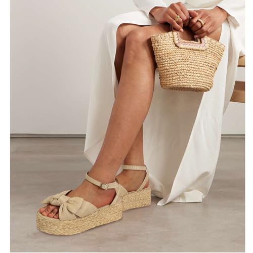 Image of DOEYG Raffia Platform Sandals for Women Comfortable Casual Adjustable Buckle Strap Summer Open Toe Woven Slingback Beach Sandals