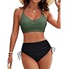 Blooming Jelly Womens High Waisted Bikini Sets Tie Back Two Piece Swimsuit Drawstring Swim Suits (Large, Black Green)