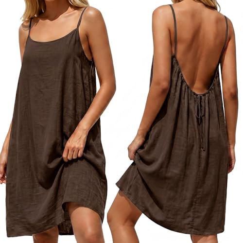 Image of Backless Cami Dress for Women Long Sundress with Back Tie Ladies Casual Maxi Loose Fit Beach Dresses Summer Dresses for Women (UK, Alpha, XXL, Regular, Regular, Brown)