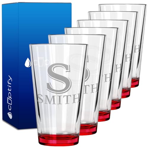 Personalized Beer Glasses Set of 6 Engraved Red 16oz Pint Glasses for Men & Women, Custom Drinking Gift for Birthdays, Weddings, Fathers Day & More