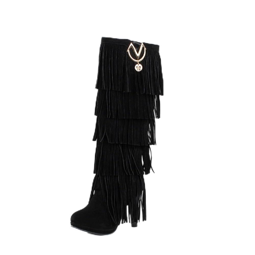Fringe Cowboy Boots for Women Knee High Western Boots Embroidery Cowgirl Pull-On Pointy Toe Wide - Plus Size