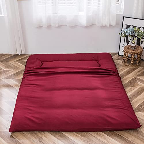 Image of MAXYOYO Japanese Floor Futon Mattress - Thicken Sleeping Pad, Foldable Roll Up Mattress Topper, Guest Floor Couch Mat, Burgundy, Queen