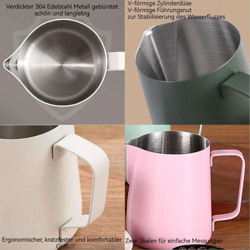 Miniatura 4 de Zuquik Jarra De Leche De Acero Inoxidable, 750 Ml, Con Medición Mark 24 Oz, Jarra De Espuma De Leche Con Dispensador De Cacao, 16 Plantillas Y Bolígrafo Para Capuchino Y Espresso, Nior