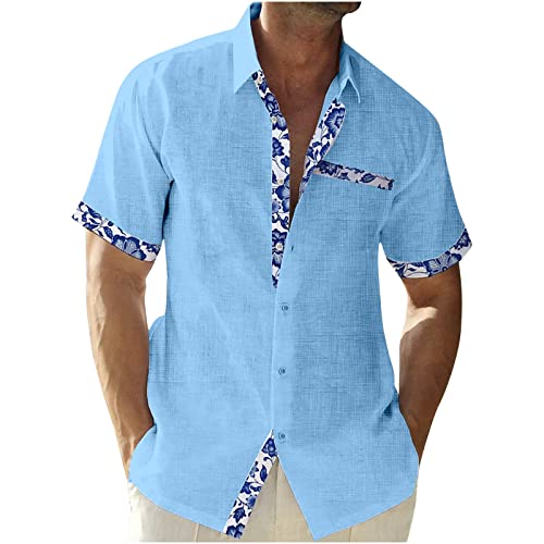 Men's Cotton Linen Short Sleeve Shirts UK Clearance Floral/Plaid Printed Patchwork Button Down Hawaiian Shirts Summer Vacation Beach Shirts Lightweight Regular Fit Casual Tops