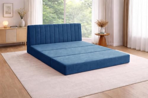 Image of Rosebell -3 Seater Upholstered Armless Sofa Cum Bed with Backrest | Velvet Fabric Finish | Modern Living Room & Bedroom -Blue