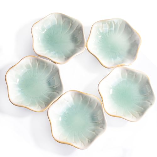 Ceramic Sauce Dish Set of 5, 3.97" Mint Green Flower‑Shaped Dipping Bowls