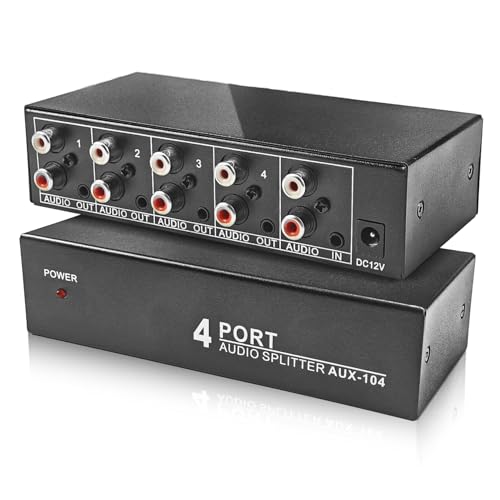 3.5mm Aux + RCA L/R Audio Splitter 1 in 4 Out, BolAAzuL 4-Way Stereo Audio Distributor Box 4-Channel Stereo RCA Splitter 1x4 for DVD Player, Game Console, Headphones, Speaker - w/Power
