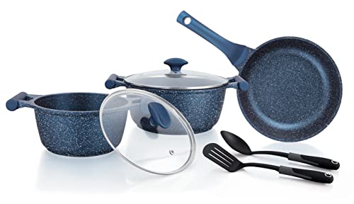 Prestige Essentials Granite 7 Piece Non-Stick Cast Aluminium Cookware Sets | Induction Compatible Pots and Pans Set |Dark Blue - PR80959