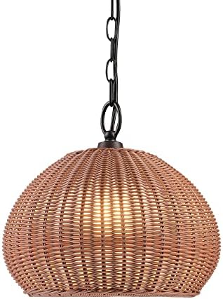 Novogratz x Globe 44761 1-Light Outdoor Plug-in Pendant Light, Plastic Rattan Shade, Frosted Inner Shade, Bronze Hanging Cord and Chain, E26 Base Socket, Kitchen Island, Café, Ceiling Hanging Light