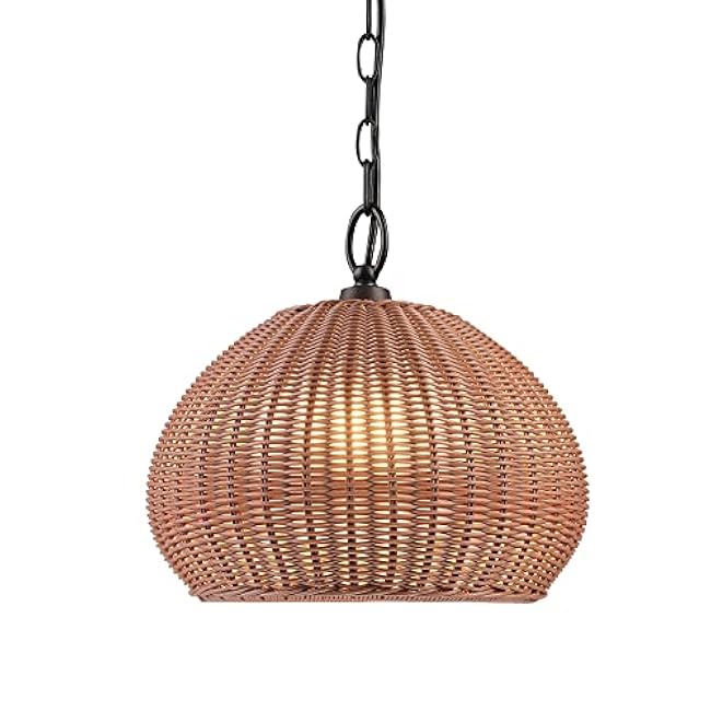 GLOBE Electric x Novogratz 44761 1-Light Outdoor Plug-in Pendant Lighting, Plastic Rattan Shade, Frosted Inner Layer, Bronze Hanging Cord and Chain, Ceiling Light, Indoor Compatible