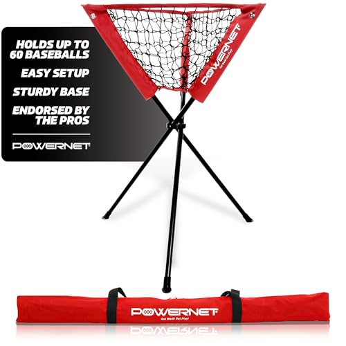 PowerNet Baseball & Softball Ball Caddy Portable Batting Practice Caddy Holds up to 60 Baseballs Softballs or Weighted Balls for Training and Drills (Red)
