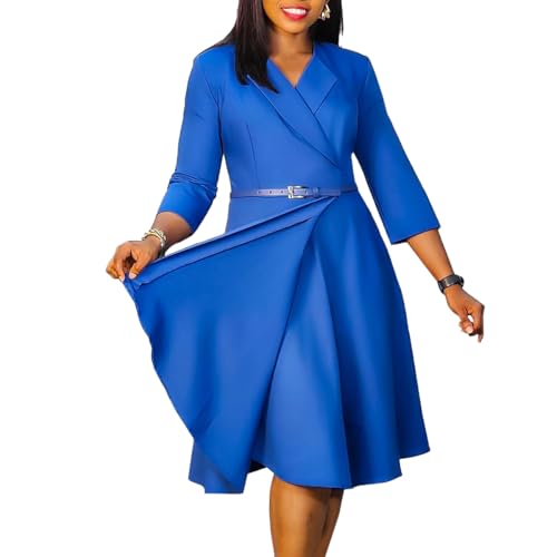 Image of Elainone Women 3 /4 Sleeve Casual Swing Flared A Line Dress Wedding Guest Semi Formal Office Work Dresses with Belt