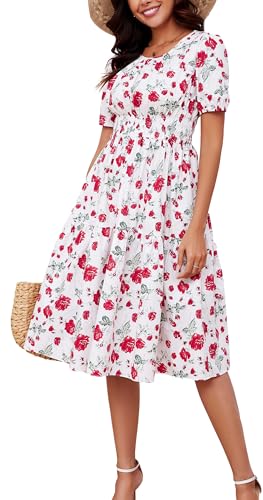 Kormei Damen-Sommerkleid, lässig, Boho-Stil, Blumenmuster, Rundhalsausschnitt, kurze Ärmel, gesmokte Taille, gestuftes, fließendes Swing-Midikleid,...
