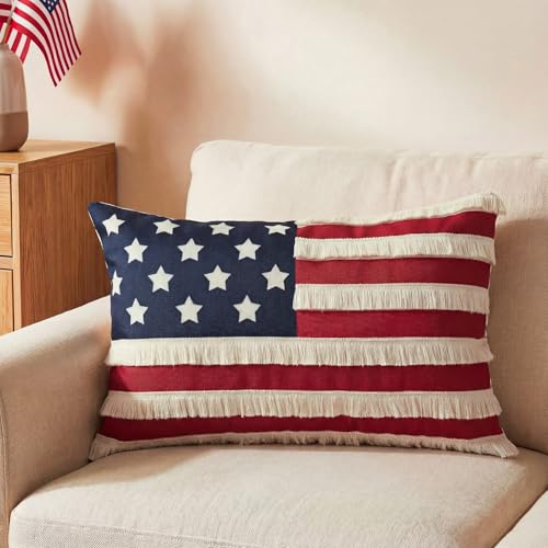 1PC 4th of July Pillow Cover 12x20 Inch Patriotic Lumbar Pillow Cover with Cotton Tassels Vintage Americana Flag Stripe Decor for Fourth of July Memorial Day Boho Farmhouse Red White Blue Decor