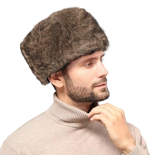 Unisex Russian Ushanka Cossack Trapper Hat Faux Rabbit Fur Trooper Hat Fuzzy Furry Hunting Cap Winter Outdoor Warm Skiing Cap Brown