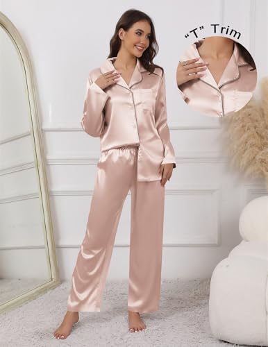 Image of Ekouaer Pajamas For Women Set Silk Pjs 2 Piece Satin Sleepwear Long Sleeve Button Down Lounge Sets With Pant