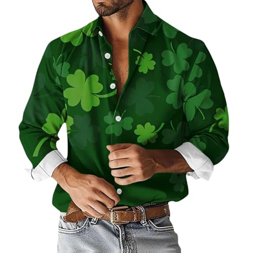 Generic - Chemise de bowling hawaïenne de Saint Patrick pour homme, chemise de bowling irlandaise, trèfle, chemisier, hauts boutonnés, t-shirt à manches longues, tenue irlandaise, cadeaux pour lui, vert menthe