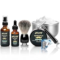 Rasier-Set für Männer, 7-in-1 Rasierpflege-Set mit Vorrasieröl, Rasiercreme, Aftershave-Balsam, 10,5cm Edelstahl Rasierschale, schwarzer Rasierpinsel, manuelle Rasierklinge + 10 Klingen