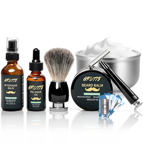 Rasier-Set für Männer, 7-in-1 Rasierpflege-Set mit Vorrasieröl, Rasiercreme, Aftershave-Balsam, 10,5cm Edelstahl Rasierschale, schwarzer Rasierpinsel, manuelle Rasierklinge + 10 Klingen