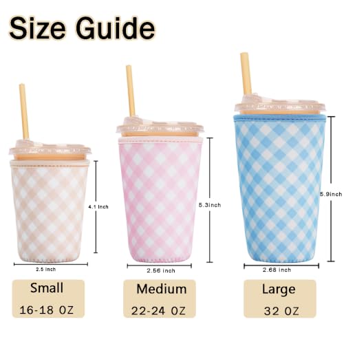 Image of Reusable Insulated Sleeve for Iced Coffee Cup, 3-Pack Coffee Neoprene Drink Sleeve for Cold & Hot Drinks, Beverage Holder for Iced Coffee (Pastel Gingham Set)