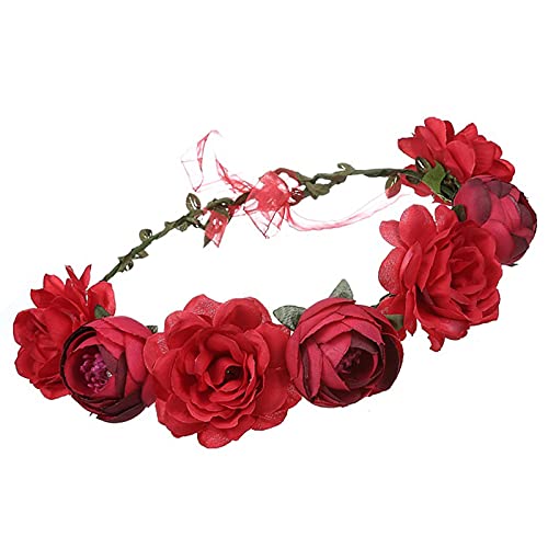 Couronne Florale Floral Guirlande Bandeaux Couronne De Fleurs Bandeau Couronne Fleurs Couronne De Cheveux Guirlande Florale Fleur Couronne Pour La FêTe De La CéRéMonie De Mariage (rouge) Cover