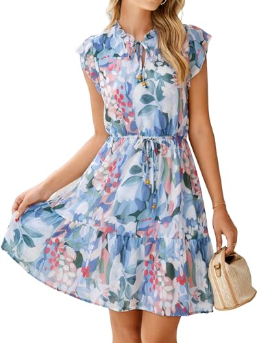 Image of Simplee Womens Summer Dress 2026 Ruffle Short Sleeve Floral Boho Dress V Neck A-line Drawstring Mini Dress with Pockets
