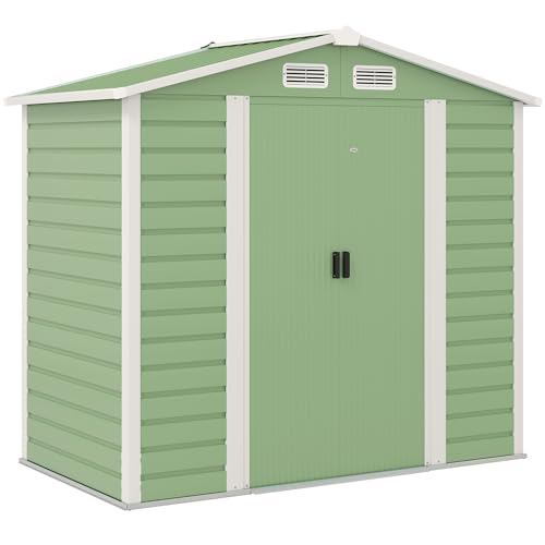 Outsunny Caseta de Jardín Exterior 2,36m² 213x120x194 cm Cobertizo de Jardín Exterior con Base Refuerzo (Suelo NO Incluido) Puertas Correderas Dobles Candado Ventanas Verde Claro