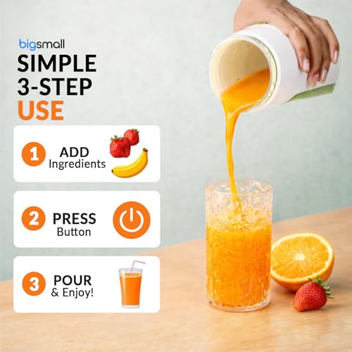 Image of Bigsmall Portable & Rechargeable Smoothie Blender Leak-Proof Lid - For Smoothies, Juices, Milkshakes, Baby Food, Ice Crushing & More (340ml) - 10 Stainless Steel Blades- (Orange)