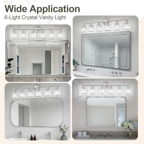 Image of Modern Brushed Nickel Crystal Bathroom Light Fixtures,6-Light | Bathroom Lighting Fixtures over Mirror,Vanity Lights for Mirror, Restroom(Ceramic E26 Socket,Bulbs Not Include)