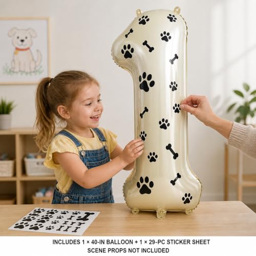Image of 40 Inch Cream Beige Number 1 Foil Balloon DIY with Dog Paw Bone Stickers